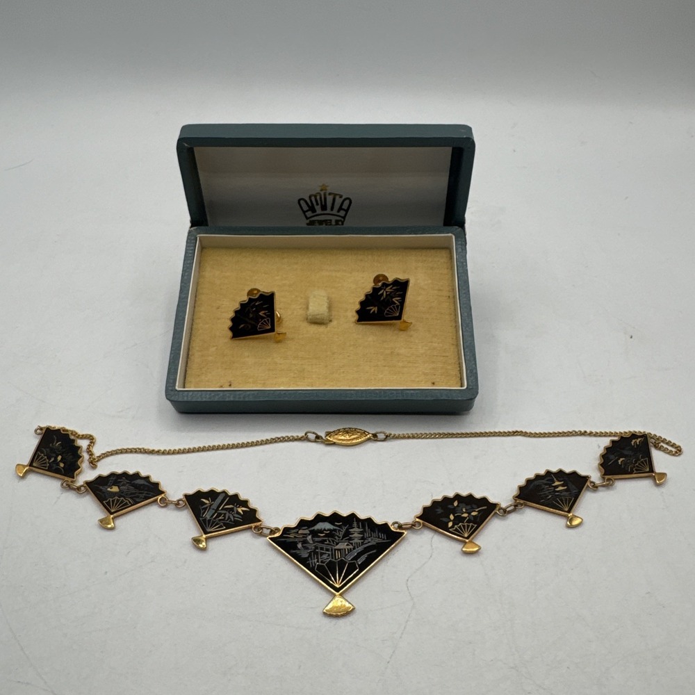 Vintage Japanese Amita Damascene Necklace & Earrings Set 24k Gold Inlay W/ Box